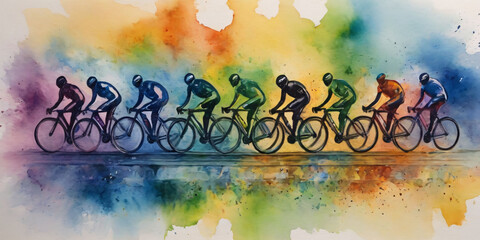 The Colorful Race. the intense and dynamic energy of a professional cycling race. The cyclists, adorned in colorful jerseys, are depicted mid-race, showcasing their athleticism and determination.