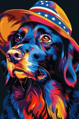 Patriotic Black Dog Wearing American Flag Hat in Vibrant Colors.