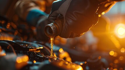 Closeup of a mechanic pouring to changing oil to car engine in a workshop. AI generated image - obrazy, fototapety, plakaty