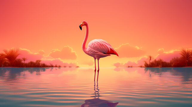 A beautiful pink flamingo standing in the water