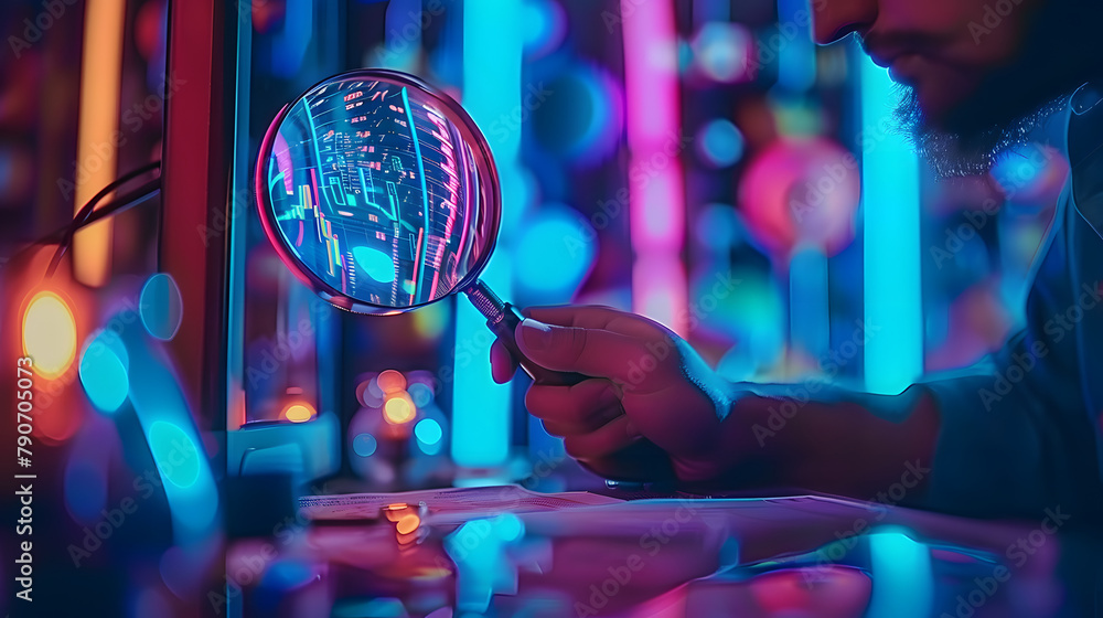 Poster analyzing data with a neon screen and digital magnifier for seo. concept seo analysis, data visualiz