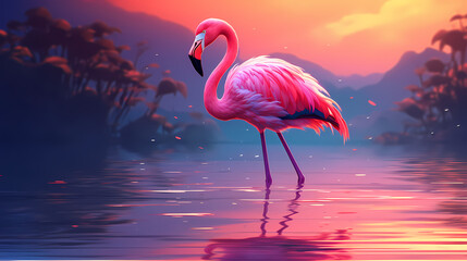 Fototapeta premium A beautiful pink flamingo standing in the water