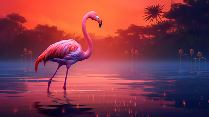 A beautiful pink flamingo standing in the water