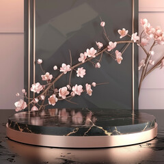 Modern Black Marble Podium, front view focus with Rose Gold Accents and Soft Pink Flowers Background, ultra-realistic, perfect for product showcase