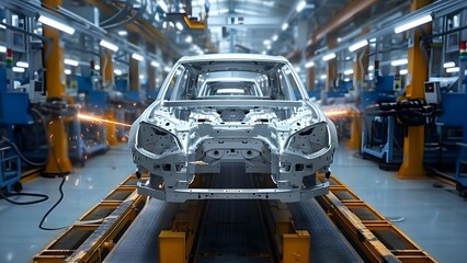 Futuristic Auto Factory: Precision Robotics & Vehicles in Production. Concept Automotive Innovation, Advanced Robotics, Vehicle Manufacturing, Futuristic Technology, Precision Engineering