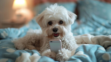 A cute white dog, holding a smartphone in its paws, on a blue blanket, lying on a bed, in a happy...