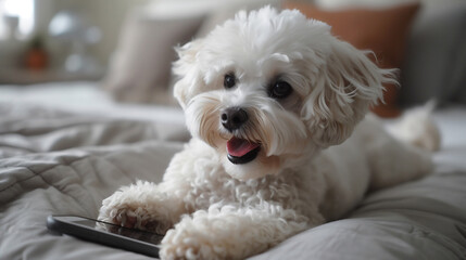 A cute white dog, holding a smartphone in its paws, on a bed, a happy moment