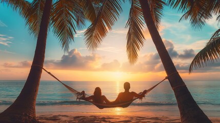 romantic vacation for newlyweds on tropical islands. honeymoon man and woman spend enjoying the sunset on a hammock under the palm trees