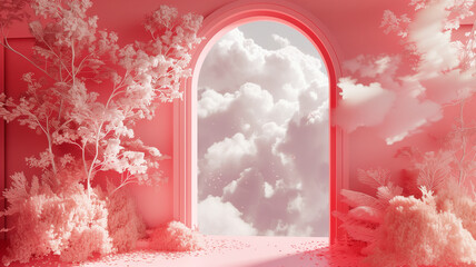 Light pink walls with trees and a door overlooking the sky for presentation background
