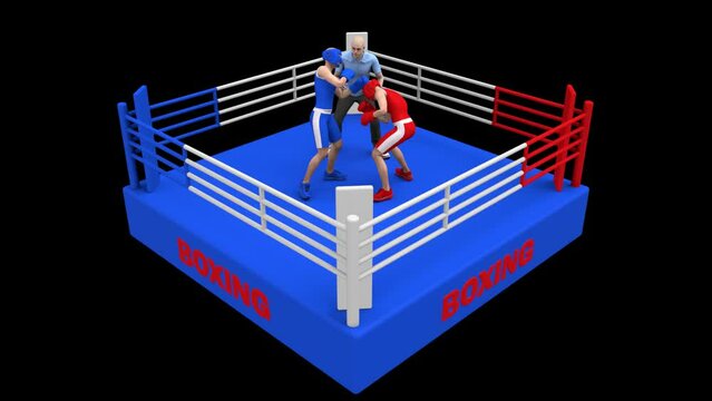 Boxers and referee in ring – 3d render looped with alpha channel.