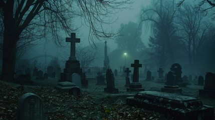 A misty cemetery at night, a faint apparition visible among the tombstones