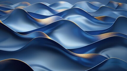 Abstract blue wallpaper with waves. a background of waves with curved, brilliant golden embellishments. Bluish-colored 3D rendering background for graphic design, banners, illustrations, and posters - obrazy, fototapety, plakaty