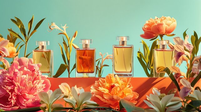 Studio perfume line decorated with peonies, iris, orange blossoms and magnolias. bright background,take product photos and advertisements