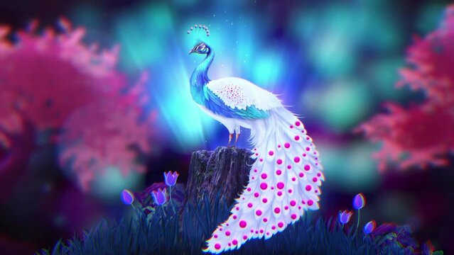 White Peacock, Diamond Painting, Crystal Pink And Blue, Fantasy, Stock Footage, Loop, 4K