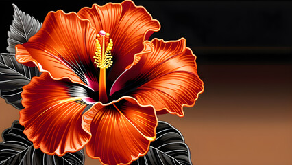 Vibrant Orange Hibiscus Embroidery on Black Background, Intricate Stitching Dark Canvas, Contrastive Hibiscus: Bold Blooms Deep Fabric, Stunning Background Artistry(Generative AI)