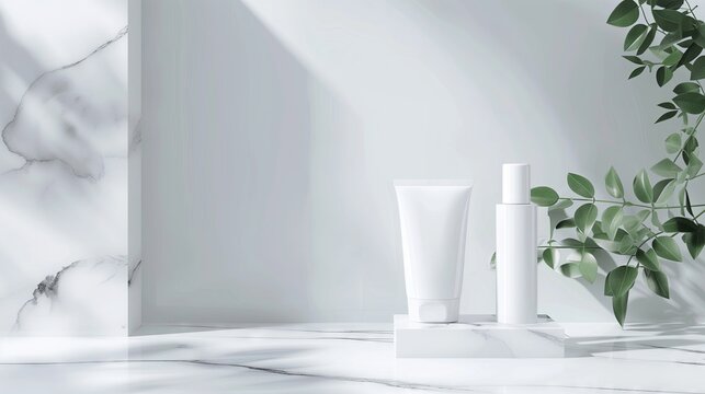 On the marble table, there are empty white skincare tubes and skincare jars, the background is clean and bright, the white is soft,take photos of products and advertisements.