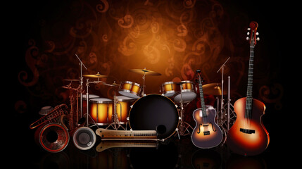 Music day, illustration background with a set of graphic kotnur instruments. AI generated.