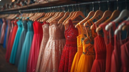 Women's dresses on a hanger in a clothing store.