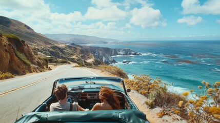 Couple driving in a convertible on a coastal road, enjoying the ocean breeze