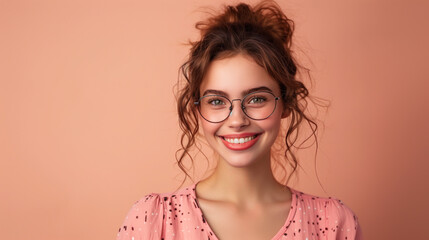 Radiant young woman in glasses with a joyful smile wearing a pink blouse.