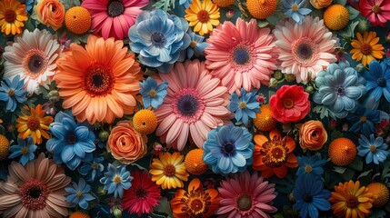 A colorful bouquet of flowers with a variety of colors including blue, pink