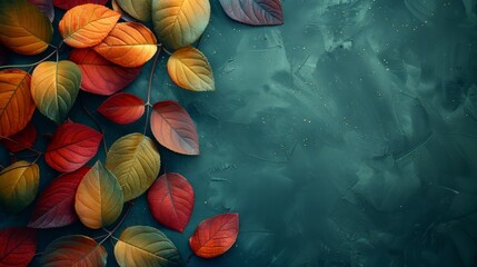 Colorful autumn leaves on blue background with copy space for text.