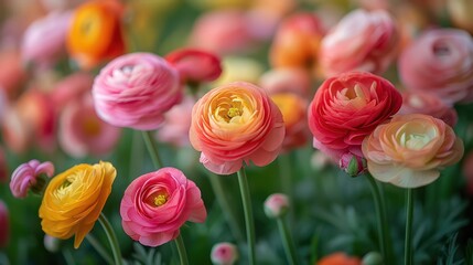 A field of flowers with a mix of pink and yellow flowers