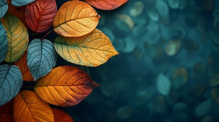 Colorful autumn leaves on blue background with copy space for text.