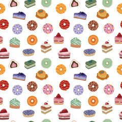 Seamless pattern background of sweet dessert and donut collection. Vector illustration on soft pink background