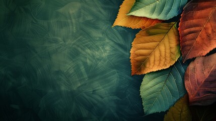 Colorful autumn leaves on blue background with copy space for text.