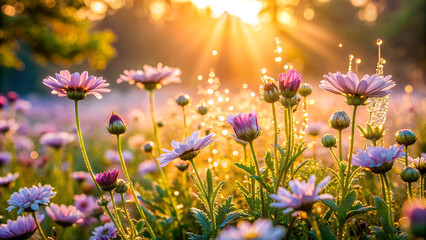A tranquil garden bathed in the soft light of dawn, with dew-kissed flowers