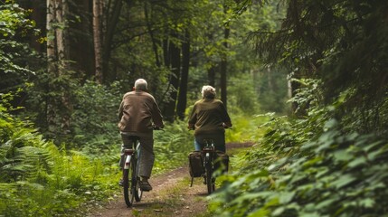 Obraz premium Elderly couple cycling together on a forest trail, surrounded by greenery