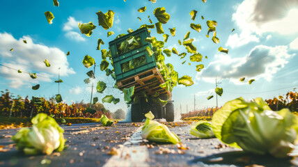 During unloading, forklifts mishandle crates of Peking cabbage, causing them to spill onto the asphalt, resulting in scattered cabbage pieces. Generative AI. - obrazy, fototapety, plakaty