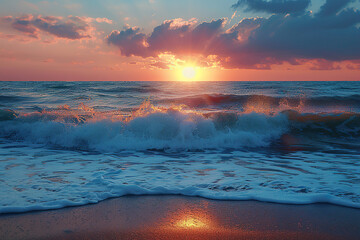 Horizontal background with sea foam near the shore at sunset. Beautiful natural summer landscape. Generated by artificial intelligence