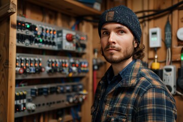 Man Standing in Front of Wall of Electrical Equipment