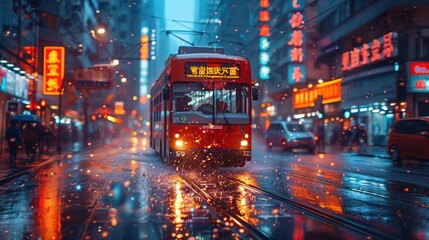 A red bus is driving down a wet street in a city