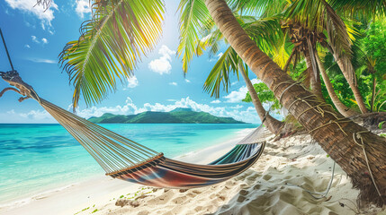 Idyllic summer getaway, a hammock between palm trees on a sunny beach with clear turquoise waters and bright skies - obrazy, fototapety, plakaty