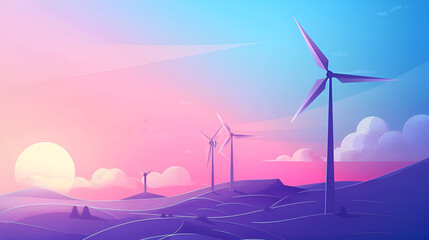 Windmill electricity power renewable sky wind environment sunset turbine ,Minimalistic wallpapers ,Wind turbines in a beautiful landscape ,Pink and blue sunset