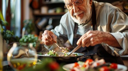Elderly man seasoning a gourmet dish, showing culinary expertise