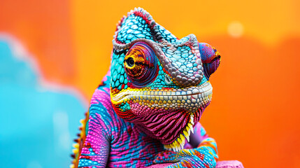 Obraz premium Chameleon close up on a colorful background. A unique and rare animal. The beauty and diversity of the animal world