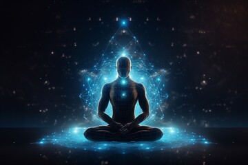 Fototapeta na wymiar isolated illustration of yoga lotus pose icon shaped with blue neural connection, Generative