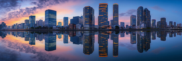 Tokyo panorama. Skyscrapers reflected in water create a stunning cityscape at sunset. Generative AI