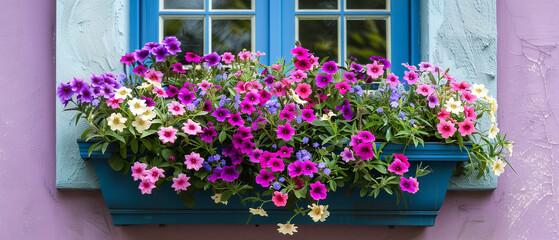 Fototapeta na wymiar A vibrant window box blooms with an abundance of trailing flowers in various colors.