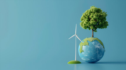 Clean energy concept to reduce global warming ,hand holding a globe with a tree The background is a wind turbine generating electricity ,Windmills in ecological power 