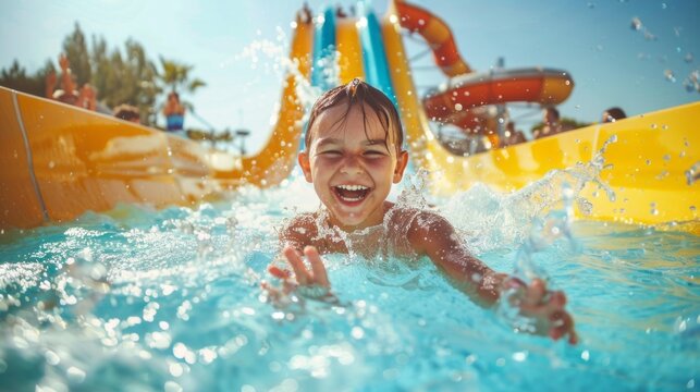 A young boy is splashing in a pool at a water park
