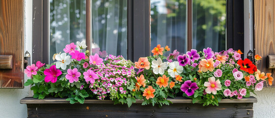 Beautiful window box filled with cascading flowers in shades of pink, white, and purple.