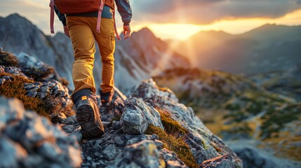 Golden Hour Trek Hiker in Orange Pants Traversing Rocky Mountain Ridge at Sunset