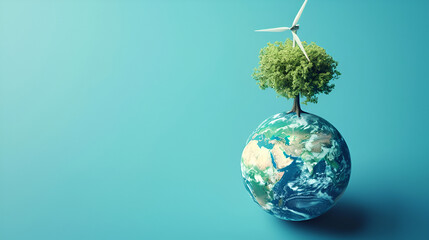 Clean energy concept to reduce global warming ,hand holding a globe with a tree The background is a wind turbine generating electricity ,Windmills in ecological power 