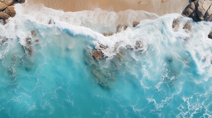 Fototapeta na wymiar Aerial View of Waves Crashing onto a Sandy Beach with Rocks