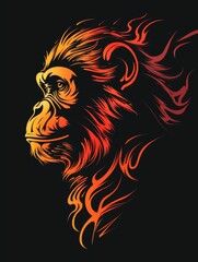 A lion head with flames on a black background. A magical creature made of fire.